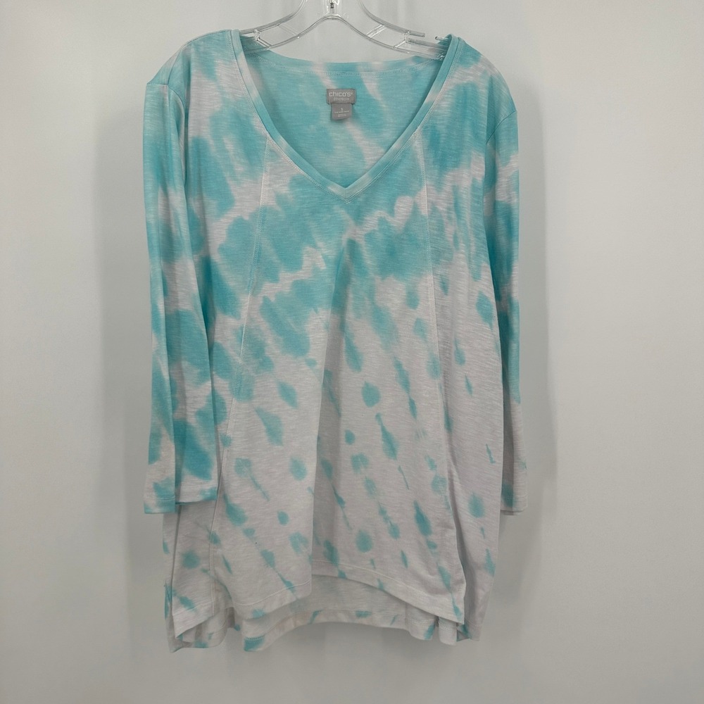 Chicos Zenergy Womens Coastal Shibori Tunic Top Size 3 US XL Beachy Summer Yoga